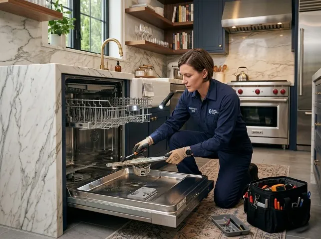 Appliance Repair Hero technician servicing a built-in dishwasher in a Baytown, TX kitchen