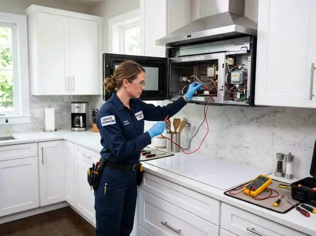 Appliance Repair Hero technician testing an over-the-range microwave in a Baytown, TX kitchen